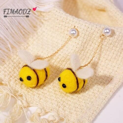 FIMAODZ Cute Animal Bee Drop Earrings Women Small Bee Korean Fashion Wool Long Chain Jewelry Kids Baby Gifts