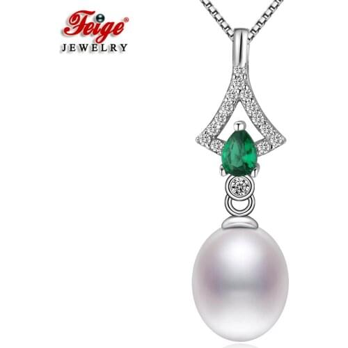 Fashion 8-9MM Natural Freshwater Pearl Pendant Necklace for Women Gift Cubic Zirconia Pendant Anniversary Jewelry FEIGE