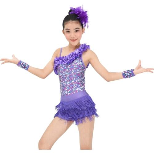 Latin Dance Dress One Shoulder Sequins Stage Tassel Dance Costume Kids Dancewear For Girls