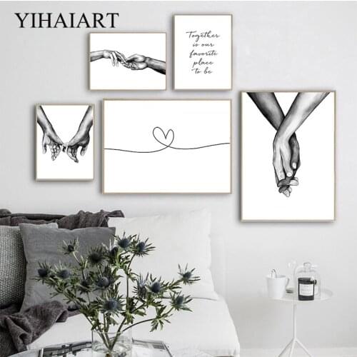 Black White Wall Art Poster Print Nordic Fashion Picture Romantic Hand in Hand Canvas Painting Couples Lovers Room Decoration