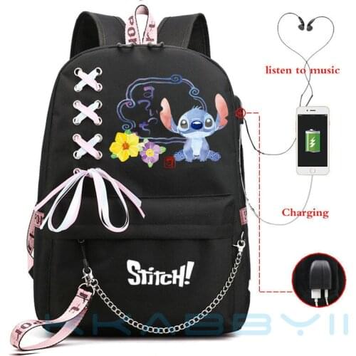 Kawaii Stitch Mochila Feminina Backpack Usb Charging School Bags Teenage Girls Boys Laptop Back Pack Women Travel Bagpacks