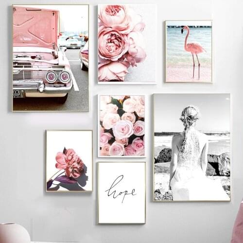 Nordic Abstract Pink Rose Flamingo Flower Vintage Car Wall Art Canvas Painting Posters And Prints Pictures For Home Decoration