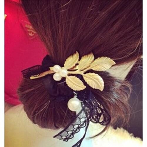 Fresh wind Sen Department of pearl flower four small hairpin side folder Retro golden leaf leaves hairpin side folder