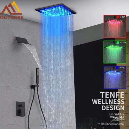 Quyanre Black ORB LED Concealed Shower Faucet Set LED Rainfall Shower Head Waterfall Spout 3-Way Mixer Tap Bathroom Shower