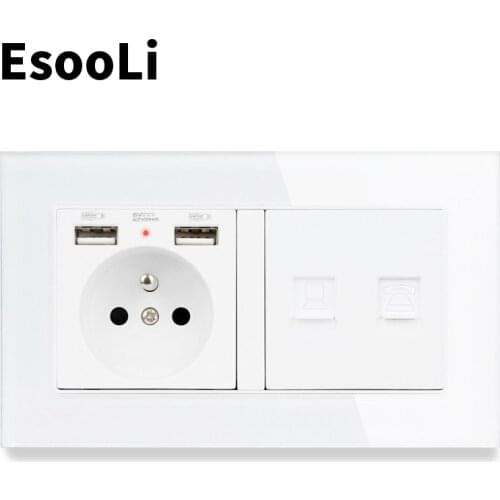 EsooLi Glass Panel French Standard Socket with 2 USB Charge Port + RJ45 Internet Jack and RJ11 2 Core Telephone Connector