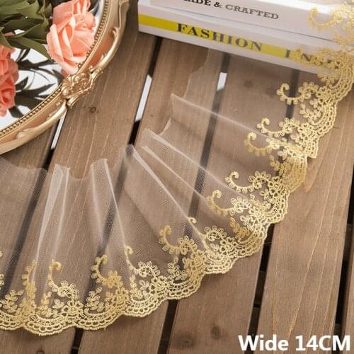 14CM Wide Tulle White Mesh Gold Embroidery Lace Fabirc Collar Trim Fringe Ribbon Wedding Curtains Sofa DIY Apparel Sewing Decor
