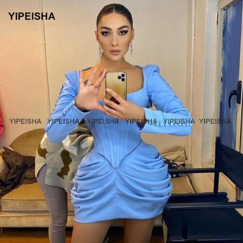 Yipeisha Mini Cocktail Party Dress Square Neckline Long Sleeve Prom Dress Sheath Homecoming Gown Vestido de Curto