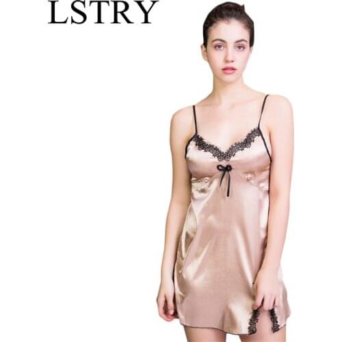 LSTRY Sexy Nightgown Lingerie Fashion Patchwork Nightdress Women Sheer Scalloped Satin Nightwear Silk Slip Sleepwear Chemises