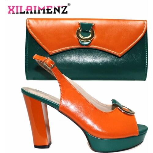PU Leather Latest Italian Women Shoes and Bag to Match Italian Design in Orange with Dark Green High Quality Platform Sandals