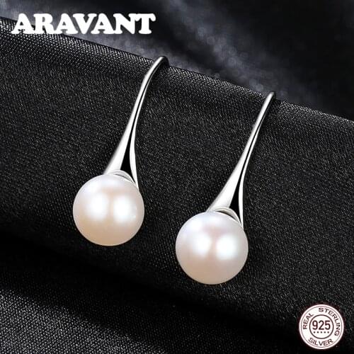 925 Sterling Silver 8mm Round Pearl Drop Earrings For Women Jewelry White Black Pink