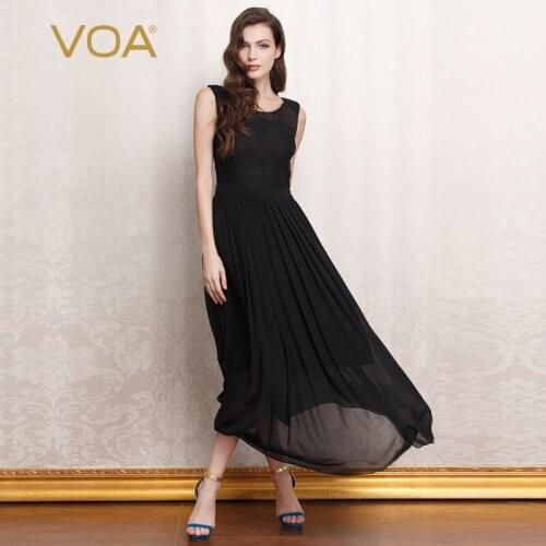 VOA Summer Dress Woman Elegant Silk 12m/m Round Collar Black Green Sleeveless Lace Splice Mid Waist Pleated Long Dress A211