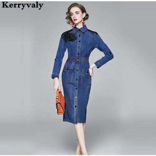 Women Autumn Decal Fashion Stitching Cable Lock Denim Dress Zomerjurk Dames 2021 Slim Casual Long Sleeve Retro Midi Dress K3196