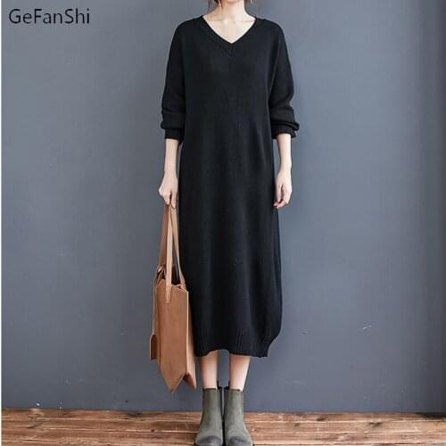 Autumn Winter Women Dress Vintage Solid V-Neck Knitting Casual Loose Fashion Long Sleeve Elegant Ladies Knitted Sweater Dresses
