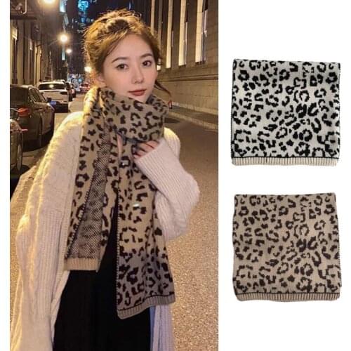 Women Vintage Leopard Print Knitted Long Scarf Thicken Warm Shawl Wrap Blanket X5XA