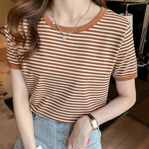 Blusas Mujer De Moda 2021 V-Neck Stripe T Shirt Women Cotton Summer Tops Korean Style Short Sleeve Woman Clothes Tee Shirt Femme