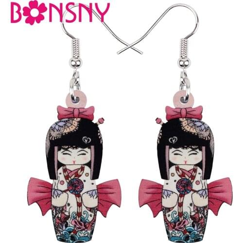 BONSNY Acrylic Lovely Japan Bow-knot Kimono Doll Earrings Long Drop Dangle Novelty Charm Jewelry For Women Girl Gifts