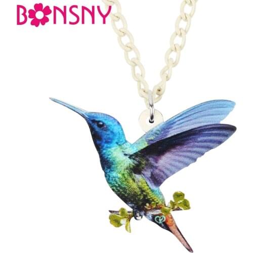 Bonsny Acrylic Blue Flying Hummingbird Pendant Necklace Chain Collar New Fashion Design Jewelry For Women Girls Gift Accessories