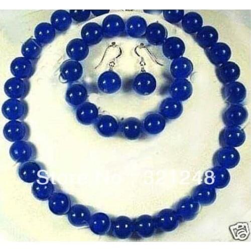 10mm blue natural stone dyed jades chalcedony round beads necklace bracelet earring for women elegant jewelry set 18"/7.5"GE1081