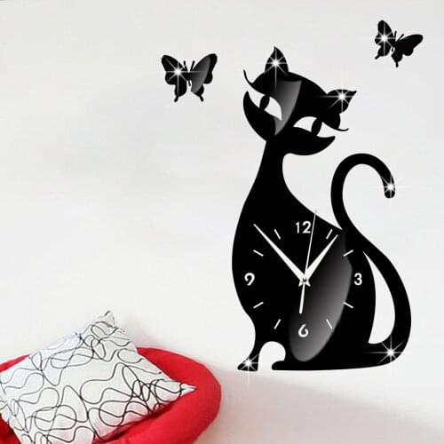 Reloj pared decorativo Kawaii Butterfly Cat wall sticker clock Mirror Black Wall clock modern design Clocks wall home decor