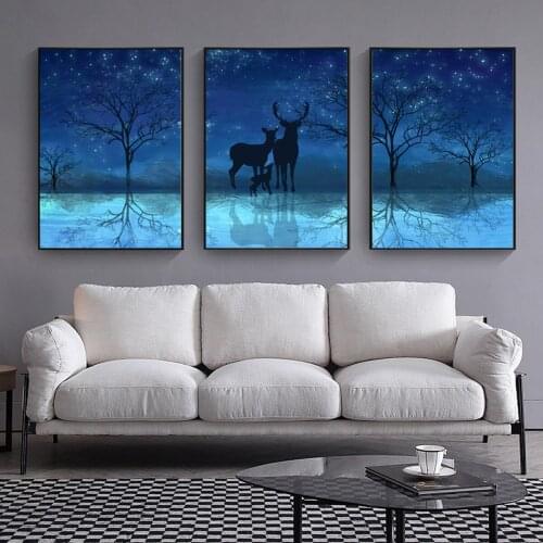 Blue Sky Elk Trees Poster Canvas Print Painting Wall Art Living Room Home Decoration