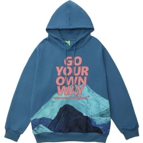 2021 Kpop Snow Mountain Print Blue Fleece Hoodies Men Harajuku Sweatshirt Casual Women Tops Hooded Pullover Polerones De Mujer