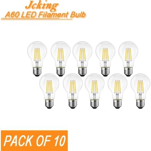 Pack of 10 JCKing A60 Dimmable 2W/4W/6W/8W E26/E27 Base LED Filament Bulbs Clear Glass LED Vintage Edison Bulbs
