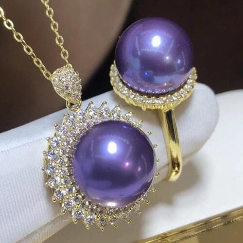 D416 Pearl Set Fine Jewelry 925 Sterling Silver Natural Round 11-13mm Fresh Water Purple Pearls Jewelry Sets for Women Presents