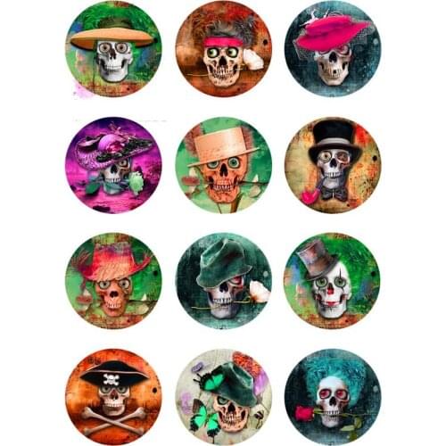 16mm 12mm 25mm 413 12pcs/lot Skull Mix Round Glass Cabochons DIY Jewelry Findings fit 18mm Snap Button Charm Bracelet Gift