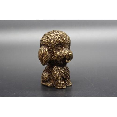 Mini ) Delicate Chinese Old-style Brass Carved Cute Teddy Dog Auspicious Statue