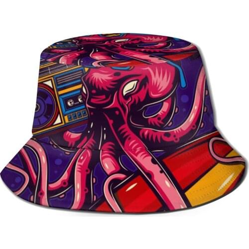 CINESSD 2020 Men Women Summer Vintage Octopus With Glasses Boombox And Surfing Bucket Hat Bob Fisherman hat Travel Sun Visor