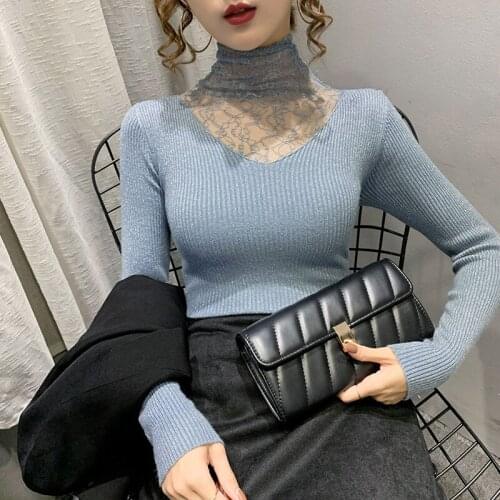Lace Patchwork Women Turtleneck Sweater Bottom Solid Pullover Fashion Autumn Winter Casual Stretchy Pull Femme Chic sexy Top