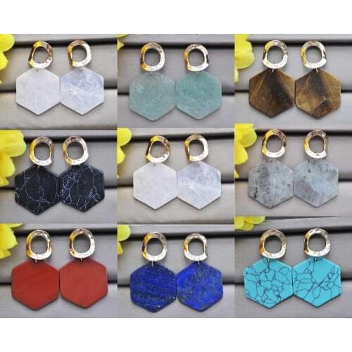 Z10837 24mm Hexagon Coin Gemstone Dangle Earring