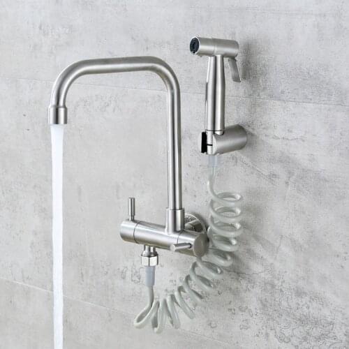Stainless Steel Kitchen Faucet Double Handle Wall Mounted Sink Tap Cold Water Tap with Handheld Sprayer Bidet Nozzle for Balcony