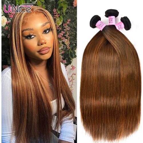 Unice Caramel Highlight Human Hair Straight Bundles 3pcs Brazilian Hair Body Wave Bundles 100% Human Hair Extension 8-30inches