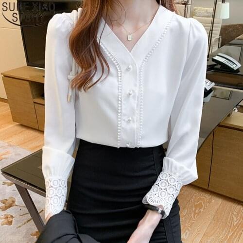 Plus Size Loose White Long Sleeve Hollow Out Tops New 2021 Fashion Chiffon Blouse Women Shirts Female V-neck Casual Blusas 12726