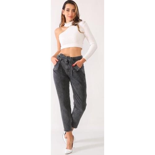 Woman, Mom Jeans, Grey, High Waist, With Belt, Full Length, Cotton Denim Pants, 2021 Spring Summer