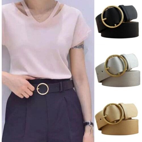 5 Colors Women Waist Belt PU Leather Solid Color Round Metal Buckle Waist Band, Adjustable Wild Fashion Dressing Accessories