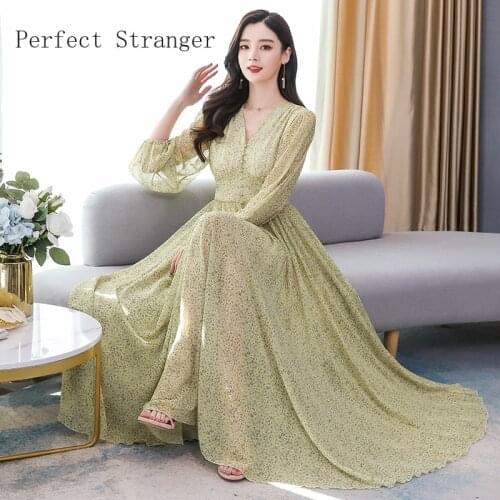 2021 Autumn New Arrival Elegant V Collar Long Sleeve Flower Printed Women Chiffon Long Dress High Quality M-4XL