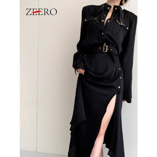 Autumn Winter Vintage Women Black Casual Long Sleeve Shirt Dresses Female High Waist Lacing Metal Buttons Sexy Midi Dress 2020
