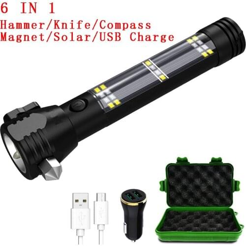 Zk20 Dropshipping 5000 Lumens Solar Tactical Flashlight USB Rechargeable Multi-function Torch Car Emergency Tool Compass Hammer