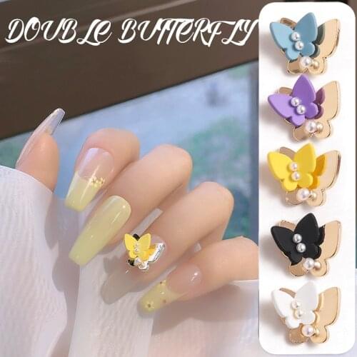 10pcs Colorful Nail Art Butterfly Decorations 3D Double Wings Butterfly with Pearls Nail Charms Jewelry Metal Manicure Accessory