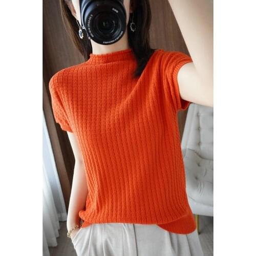 2021 autumn new pure cotton women T-shirt turtleneck knitted sweater half sleeve casual ladies top solid color plus size tees