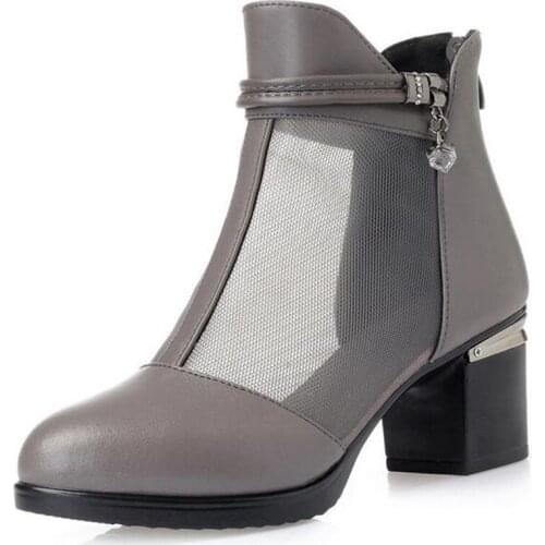 2019 New Summer Women Sandals Mesh Cool Boots Genuine Leather Shoes Woman Large Size with Thick High Heel Shoes Fashion Sandals