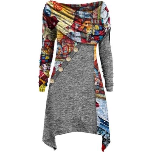 50% HOT SALES！！！Autumn Women Long Sleeve Heap Collar Floral Print Button Irregular Blouse Dress