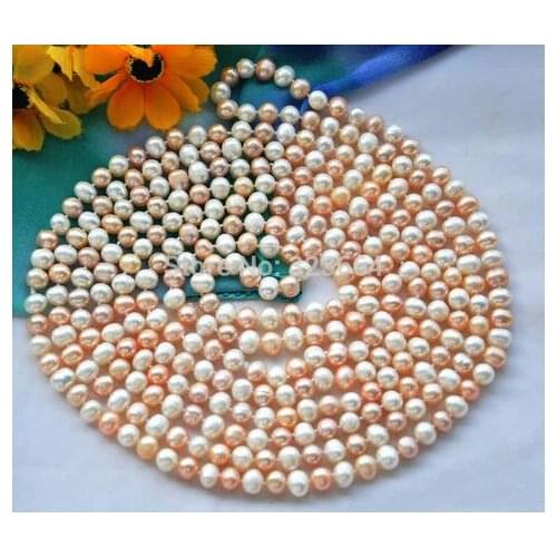 LONG 8mm round white pink Freshwater cultured pearl necklace 100inch