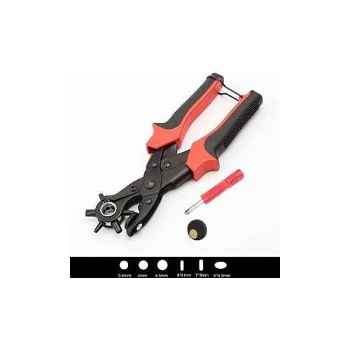 Leather Belt Hole Punch Plier 6 Size Head revolves for DIY Hand Made (Red: 3 Round, 2 Flat ,1 Oval Size)