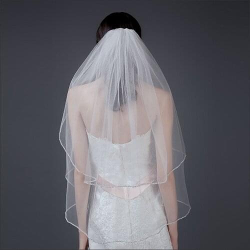 European Double Layers Short Bridal Veils with Comb White Ivory Romantic Beaded Bride Veils for Wedding Dress
