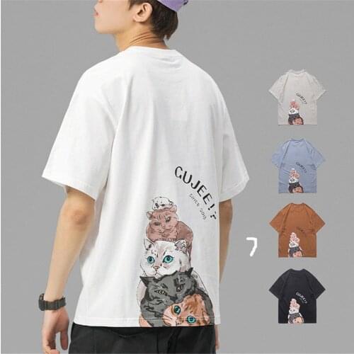 Cute Cat Print T-Shirt Male Funny White Tshirt Streetwear Couple Fashion Hip Hop Half Sleeve Oversize Korean Girls T Shirts