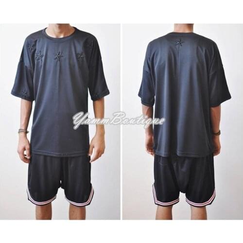 Black Mesh Embroidered Stars 3 Quarter Sleeve Jersey T-Shirt / Front abd Sleeve Embroidery Essentials Long Short Sleeve Tee