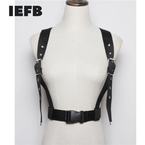 IEFB 2021 Mens Fashion Punk Style Cool Handsome Decorative Fabric Airhole Black Adjustable Waistband Connection Belts 9D0048
